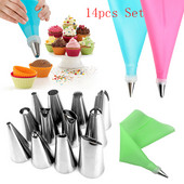Partija 14 Gb Silikona glazūras cauruļvadu krējuma konditorejas izstrādājumu maisiņš + 12 GAB nerūsējošā tērauda sprauslas konditorejas izstrādājumu uzgaļi pārveidotāja DIY kūku dekorēšanas rīks
