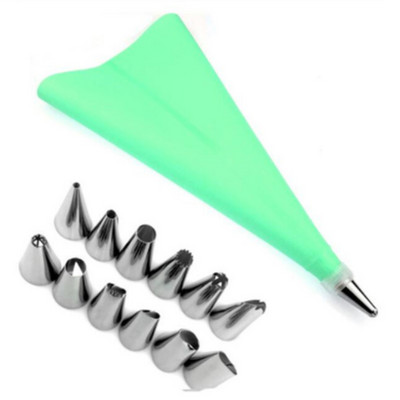 Partija 14 Gb Silikona glazūras cauruļvadu krējuma konditorejas izstrādājumu maisiņš + 12 GAB nerūsējošā tērauda sprauslas konditorejas izstrādājumu uzgaļi pārveidotāja DIY kūku dekorēšanas rīks