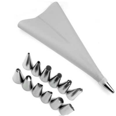 Partija 14 Gb Silikona glazūras cauruļvadu krējuma konditorejas izstrādājumu maisiņš + 12 GAB nerūsējošā tērauda sprauslas konditorejas izstrādājumu uzgaļi pārveidotāja DIY kūku dekorēšanas rīks