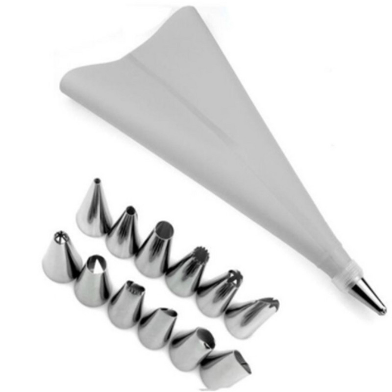 Partija 14 Gb Silikona glazūras cauruļvadu krējuma konditorejas izstrādājumu maisiņš + 12 GAB nerūsējošā tērauda sprauslas konditorejas izstrādājumu uzgaļi pārveidotāja DIY kūku dekorēšanas rīks