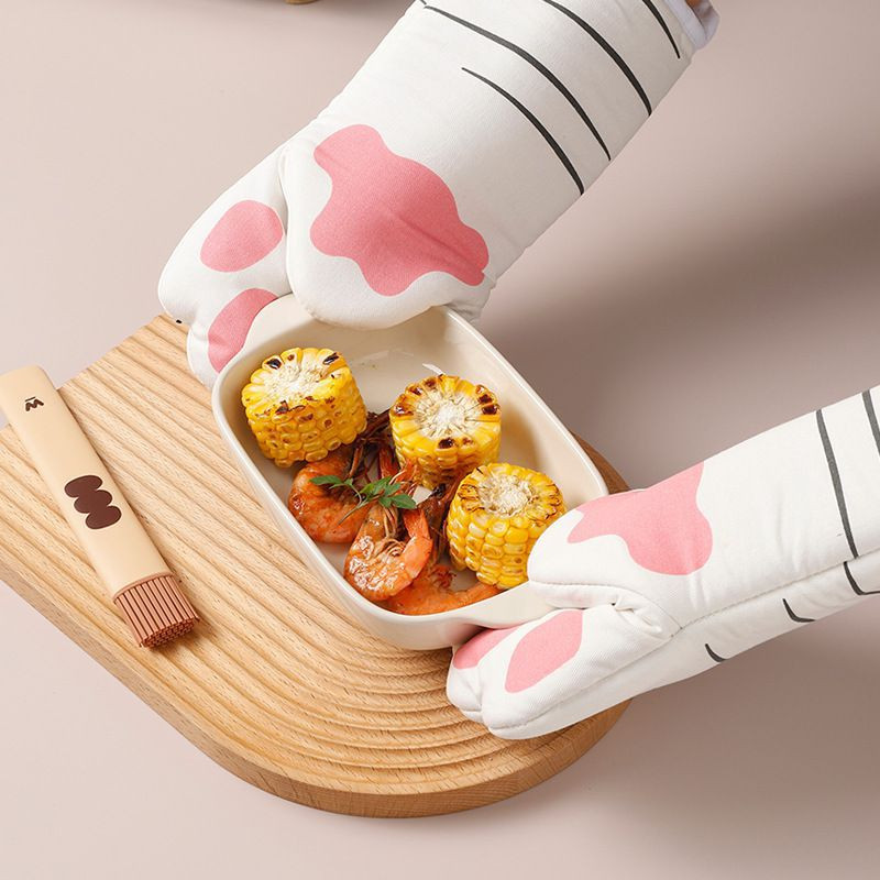 1/2 gab Cepeškrāsns siltumizolācijas cimds Cute Cat Paws Mikroviļņu pretpiedeguma kokvilnas cimdi Cepšanas karstumizturīgi neslīdoši virtuves cimdi