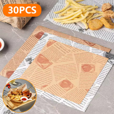 30PCS Хартия за опаковане на храна Дизайн на вестници Сандвич Бургер Пържени картофи Хартия за опаковане на храна Чиния Mat Oil Восъчна хартия papel encerado