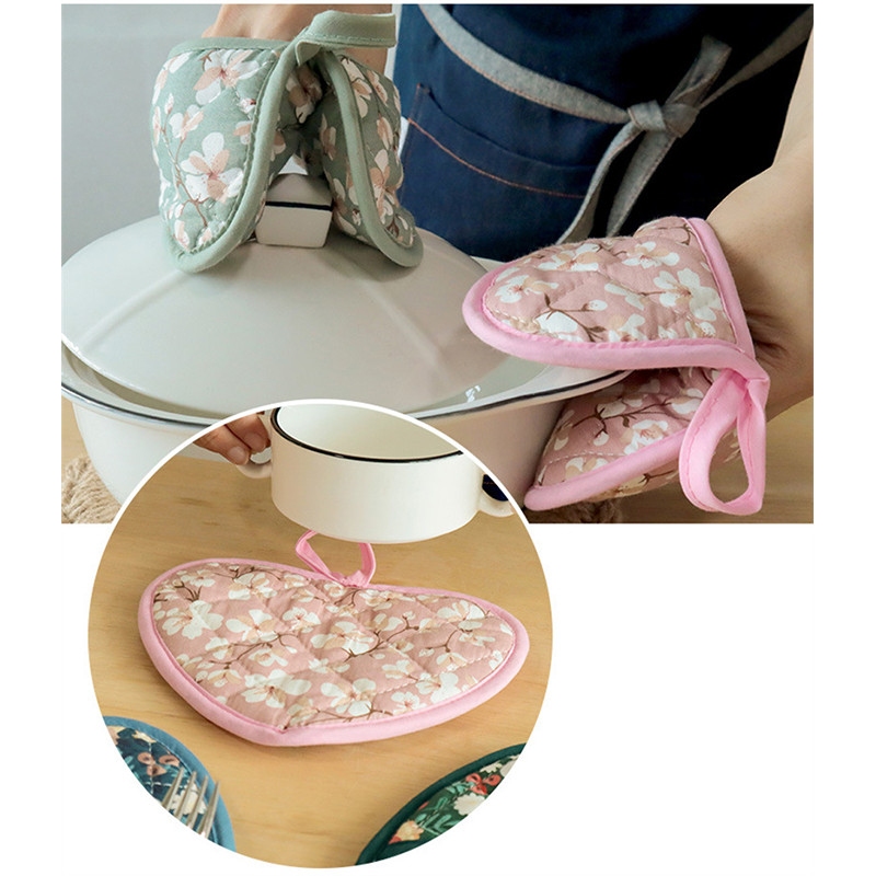 Japán virág sütőkesztyűk háztartási konyha hőálló, hőálló kesztyűk vastag pamut szív alakú kézi klip szigetelő alátét