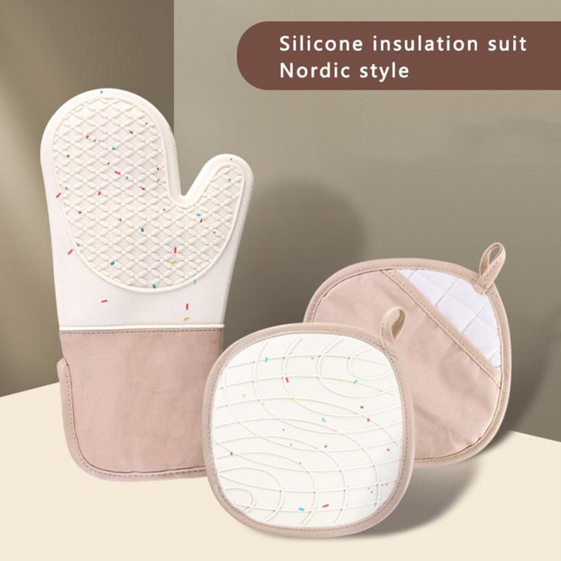 Virtuves cepeškrāsns cimdi Silikona un kokvilnas divslāņu cepeškrāsns cimdi Cimdi / BBQ karstumizturīgi cimdi / grils V3P5
