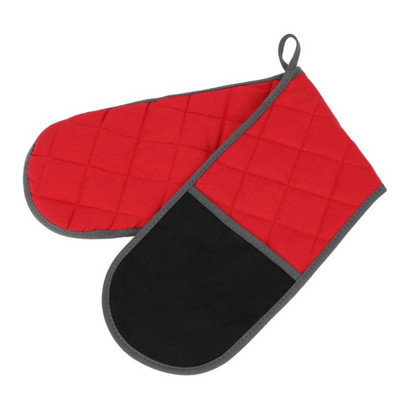 Sarkana silikona apļa stila virtuves cepeškrāsns cimdu podiņa turētājs ar īpaši garām audekla piedurknēm, kas paredzētas grilēšanai un grilēšanai