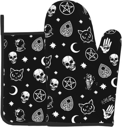 Skull Cat Moon gotikas cepeškrāsns dūraiņu un katlu turētāju komplekti, karstumizturīgi neslīdoši virtuves cimdi karstie spilventiņi ar iekšējo kokvilnas slāni