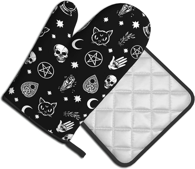 Skull Cat Moon gotikas cepeškrāsns dūraiņu un katlu turētāju komplekti, karstumizturīgi neslīdoši virtuves cimdi karstie spilventiņi ar iekšējo kokvilnas slāni