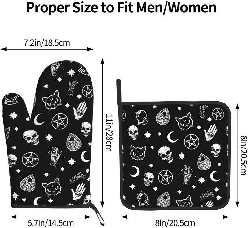 Skull Cat Moon gotikas cepeškrāsns dūraiņu un katlu turētāju komplekti, karstumizturīgi neslīdoši virtuves cimdi karstie spilventiņi ar iekšējo kokvilnas slāni