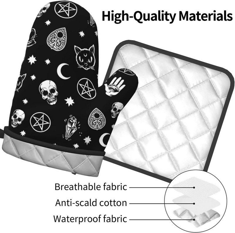Skull Cat Moon gotikas cepeškrāsns dūraiņu un katlu turētāju komplekti, karstumizturīgi neslīdoši virtuves cimdi karstie spilventiņi ar iekšējo kokvilnas slāni