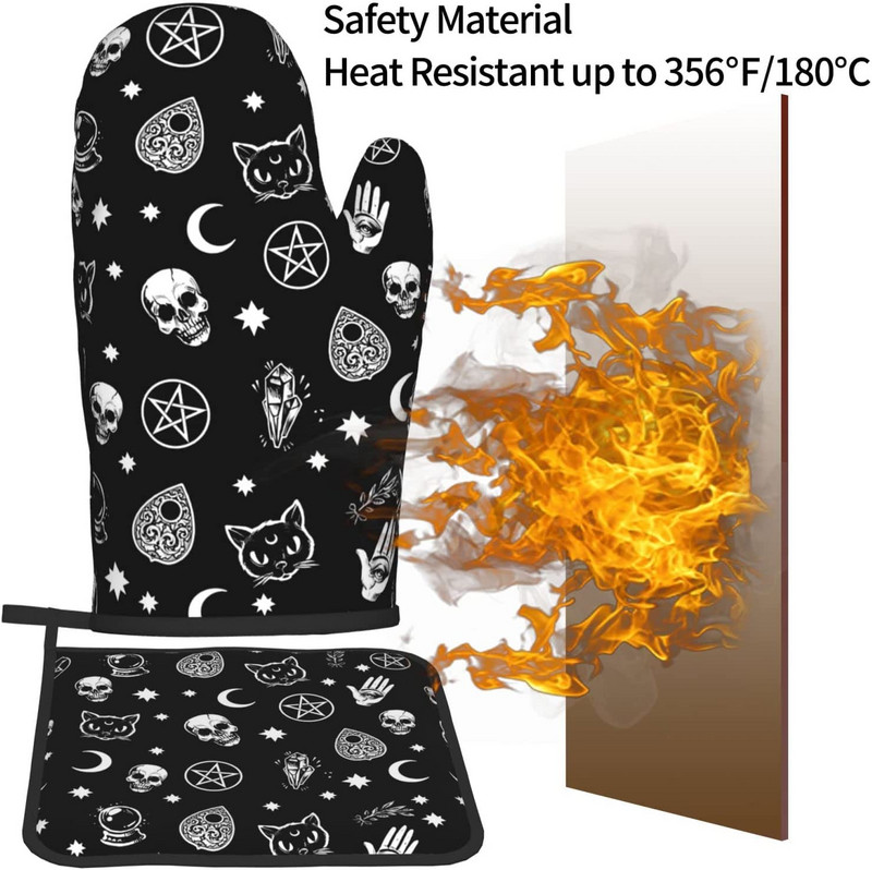 Skull Cat Moon gotikas cepeškrāsns dūraiņu un katlu turētāju komplekti, karstumizturīgi neslīdoši virtuves cimdi karstie spilventiņi ar iekšējo kokvilnas slāni