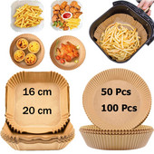 50/100 vnt. Oro gruzdintuvė Vienkartinis pergamentinis popierinis įdėklas Aliejui atsparus popierinis padėklas Nelipnus kepimo kilimėlis Oro gruzdintuvės priedai kvadratiniai