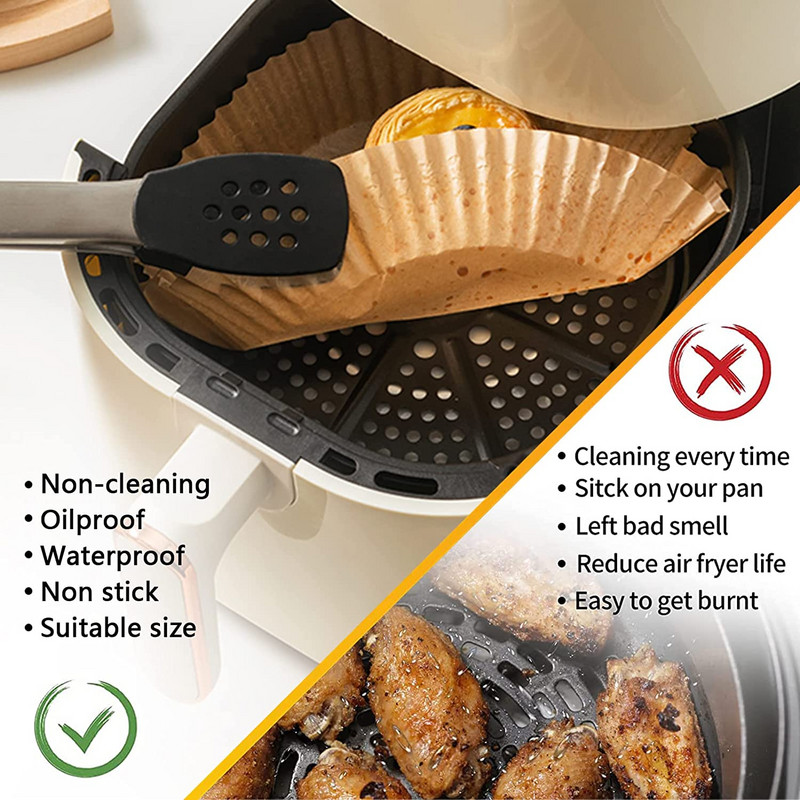 50/100 vnt. Oro gruzdintuvė Vienkartinis pergamentinis popierinis įdėklas Aliejui atsparus popierinis padėklas Nelipnus kepimo kilimėlis Oro gruzdintuvės priedai kvadratiniai