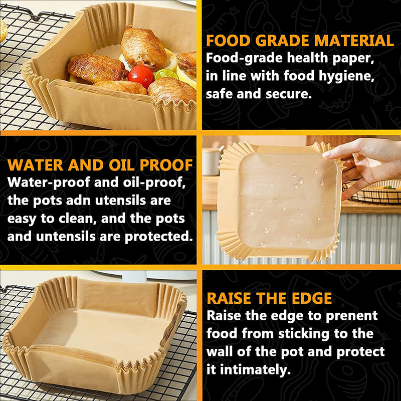50/100 vnt. Oro gruzdintuvė Vienkartinis pergamentinis popierinis įdėklas Aliejui atsparus popierinis padėklas Nelipnus kepimo kilimėlis Oro gruzdintuvės priedai kvadratiniai