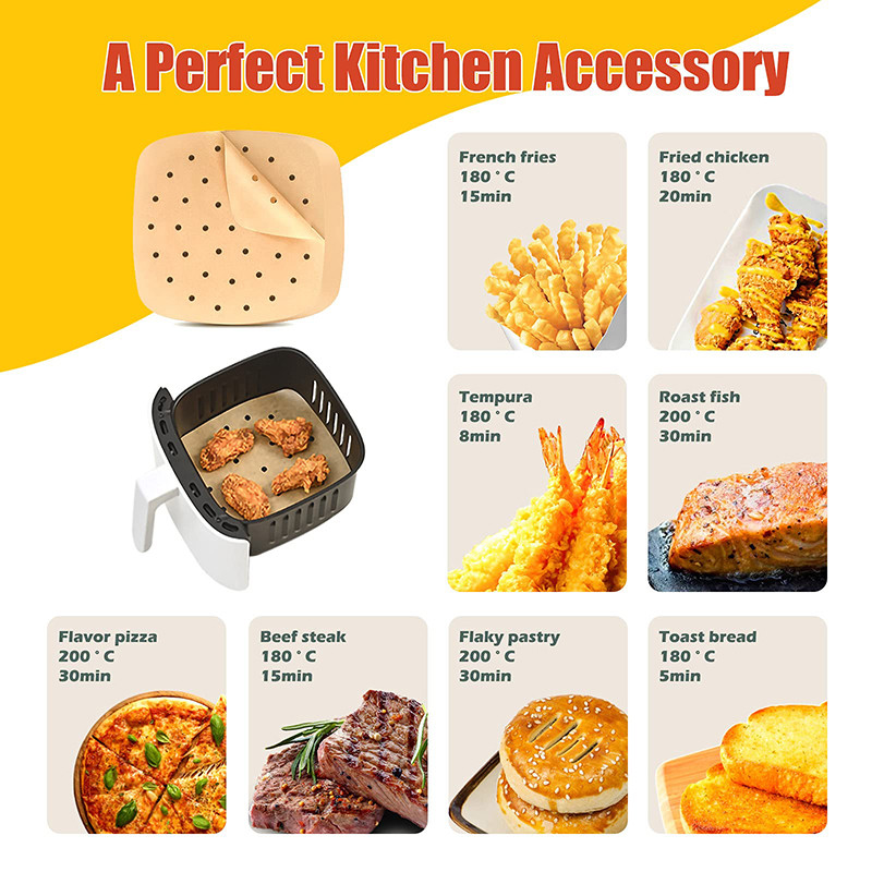 Liela gaisa cepšanas ierīces vienreizējās lietošanas papīra ieliktnis 23/20/16 cm nelipīgs Airfryer pergamenta speciālais cepšanas papīrs XXL 3–10 QT gatavošanas grozam