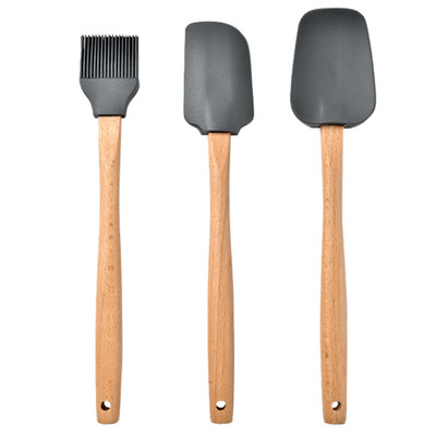 Set de 3 bucăți de spatulă din silicon și perie pentru ulei cu mâner din lemn, spatulă pentru oală, rezistentă la temperaturi ridicate și antiaderență, unelte de gătit pentru bucătărie