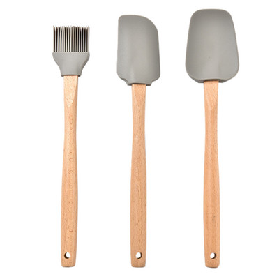 3 gab. Koka roktura silikona lāpstiņas un eļļas birstes komplekts augstas temperatūras izturīgs un nepiedegošs katla lāpstiņa virtuves gatavošanas rīki