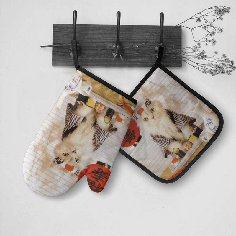 Suši Cat Japāņu jauki, smieklīgi kaķēnu cepeškrāsns dūraiņi un katlu turētāji Karstumizturīgi cepeškrāsns cimdi Droša gatavošana Cepšana Grilēšana