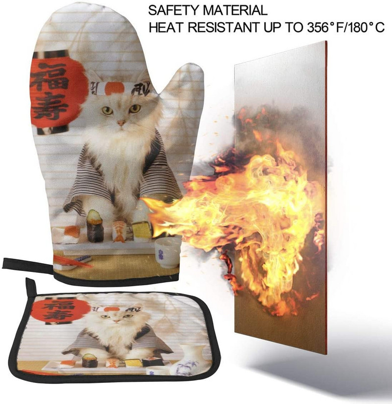 Suši Cat Japāņu jauki, smieklīgi kaķēnu cepeškrāsns dūraiņi un katlu turētāji Karstumizturīgi cepeškrāsns cimdi Droša gatavošana Cepšana Grilēšana