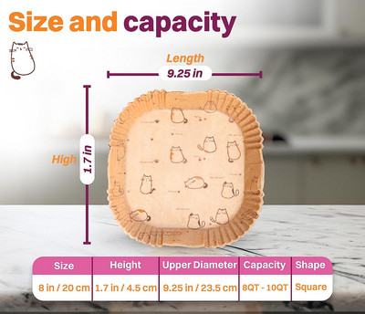 Jauns Air Fryer vienreizējās lietošanas papīra ieliktnis ar kaķa rakstu, nepiedegošs Airfryer pergamenta īpašs papīrs cepšanai 3–8 QT gatavošanas grozam