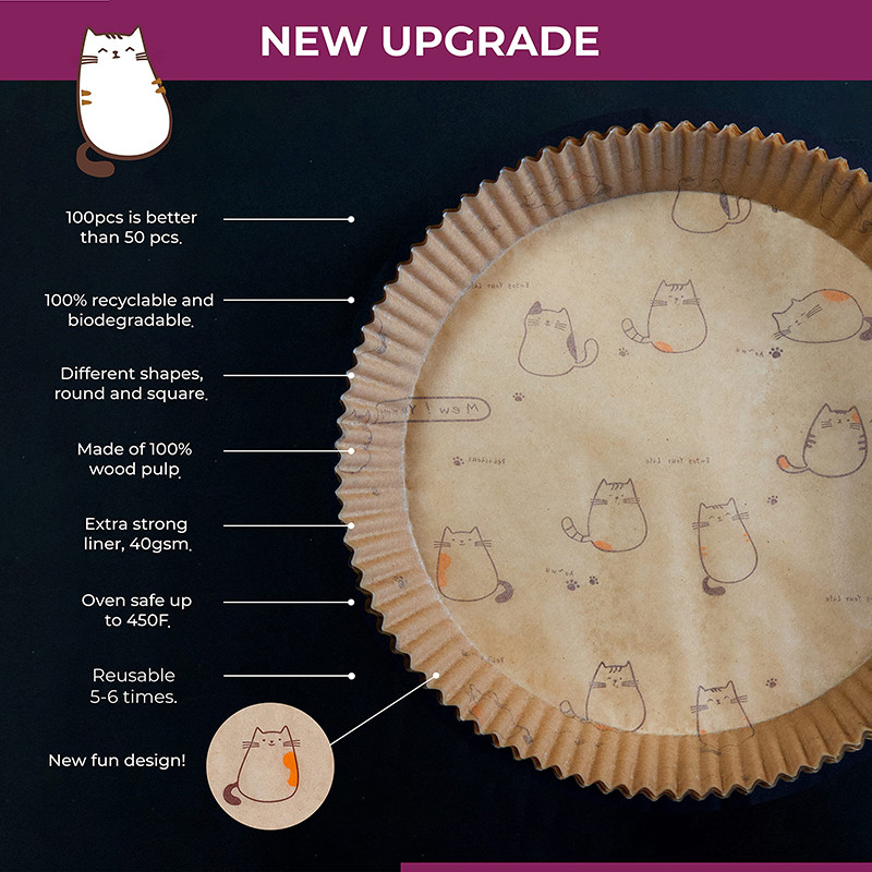 Jauns Air Fryer vienreizējās lietošanas papīra ieliktnis ar kaķa rakstu, nepiedegošs Airfryer pergamenta īpašs papīrs cepšanai 3–8 QT gatavošanas grozam