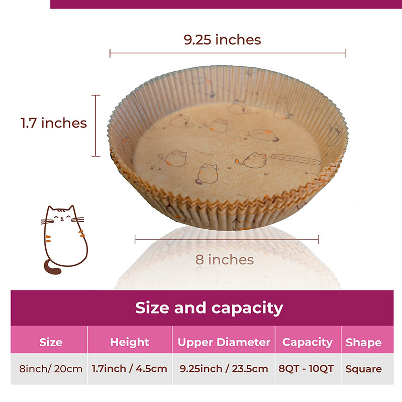 Jauns Air Fryer vienreizējās lietošanas papīra ieliktnis ar kaķa rakstu, nepiedegošs Airfryer pergamenta īpašs papīrs cepšanai 3–8 QT gatavošanas grozam