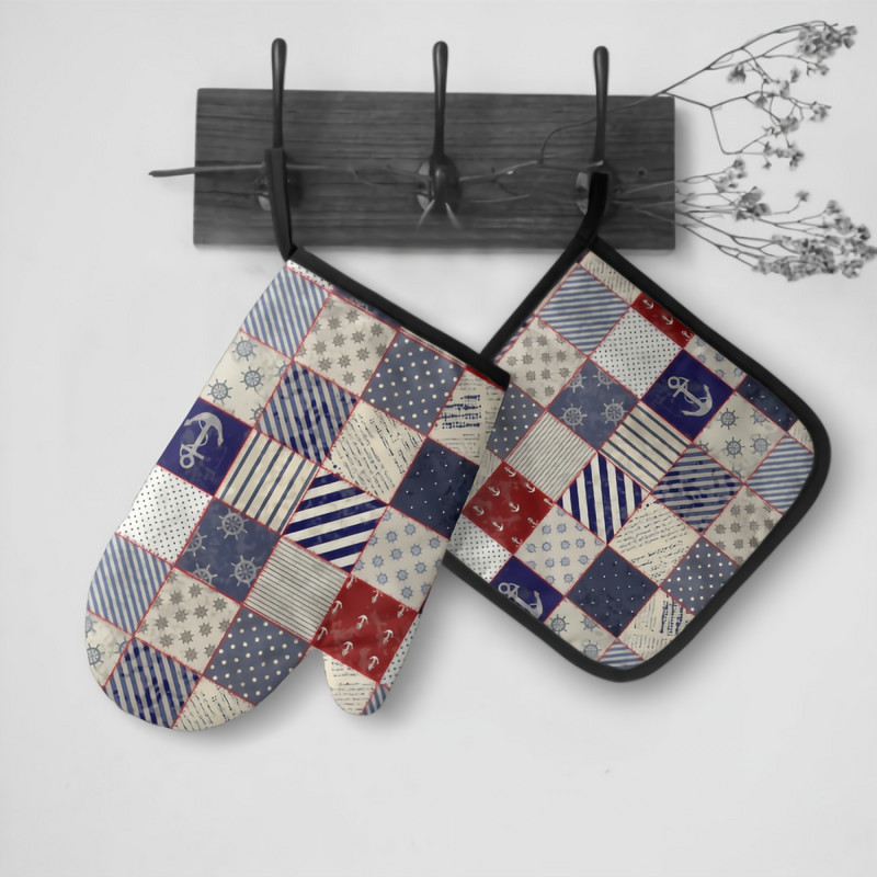 Jūras stūres un enkura cepeškrāsns dūraiņu un katlu turētāju komplekts karstumizturīgi virtuves cimdi ar iekšējo kokvilnas slāni ēdiena gatavošanai