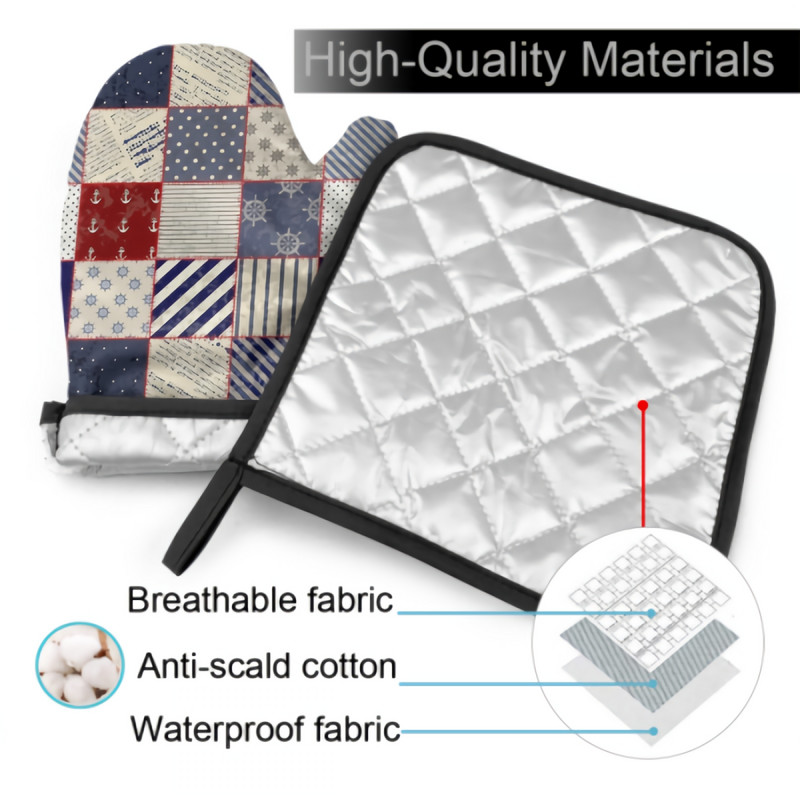 Jūras stūres un enkura cepeškrāsns dūraiņu un katlu turētāju komplekts karstumizturīgi virtuves cimdi ar iekšējo kokvilnas slāni ēdiena gatavošanai