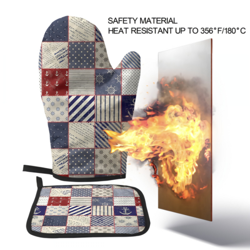 Jūras stūres un enkura cepeškrāsns dūraiņu un katlu turētāju komplekts karstumizturīgi virtuves cimdi ar iekšējo kokvilnas slāni ēdiena gatavošanai