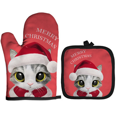 Ziemassvētku cepeškrāsns dūraiņi Poliestera cepeškrāsns piedurknes jauks kaķis virtuve mikroviļņu krāsns cimds katliņa turētājs Mājas cepšanas rīki sarkani izolācijas cimdi