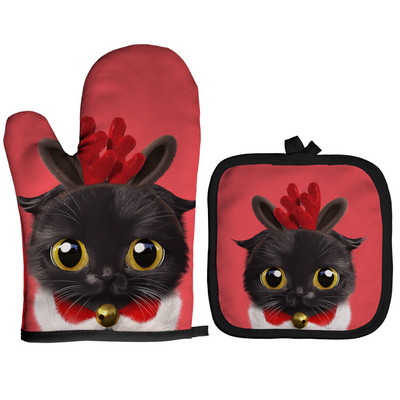 Ziemassvētku cepeškrāsns dūraiņi Poliestera cepeškrāsns piedurknes jauks kaķis virtuve mikroviļņu krāsns cimds katliņa turētājs Mājas cepšanas rīki sarkani izolācijas cimdi