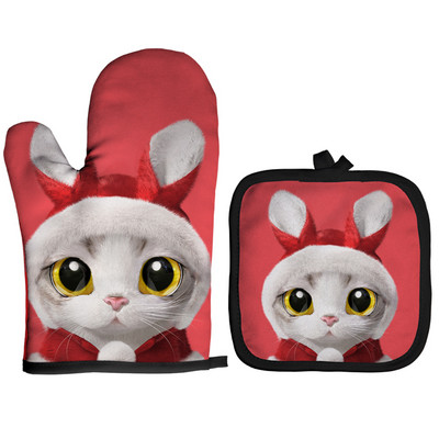 Ziemassvētku cepeškrāsns dūraiņi Poliestera cepeškrāsns piedurknes jauks kaķis virtuve mikroviļņu krāsns cimds katliņa turētājs Mājas cepšanas rīki sarkani izolācijas cimdi