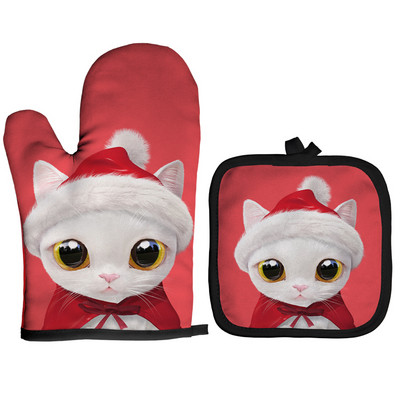 Ziemassvētku cepeškrāsns dūraiņi Poliestera cepeškrāsns piedurknes jauks kaķis virtuve mikroviļņu krāsns cimds katliņa turētājs Mājas cepšanas rīki sarkani izolācijas cimdi