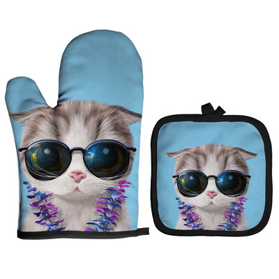 Ziemassvētku cepeškrāsns dūraiņi Poliestera cepeškrāsns piedurknes jauks kaķis virtuve mikroviļņu krāsns cimds katliņa turētājs Mājas cepšanas rīki sarkani izolācijas cimdi