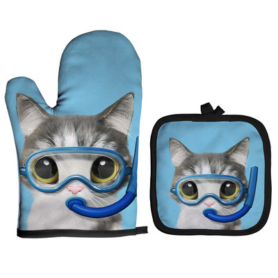 Ziemassvētku cepeškrāsns dūraiņi Poliestera cepeškrāsns piedurknes jauks kaķis virtuve mikroviļņu krāsns cimds katliņa turētājs Mājas cepšanas rīki sarkani izolācijas cimdi