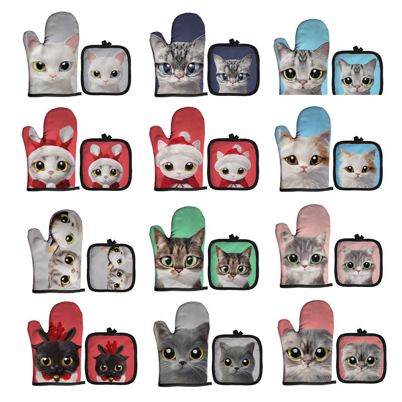 Ziemassvētku cepeškrāsns dūraiņi Poliestera cepeškrāsns piedurknes jauks kaķis virtuve mikroviļņu krāsns cimds katliņa turētājs Mājas cepšanas rīki sarkani izolācijas cimdi