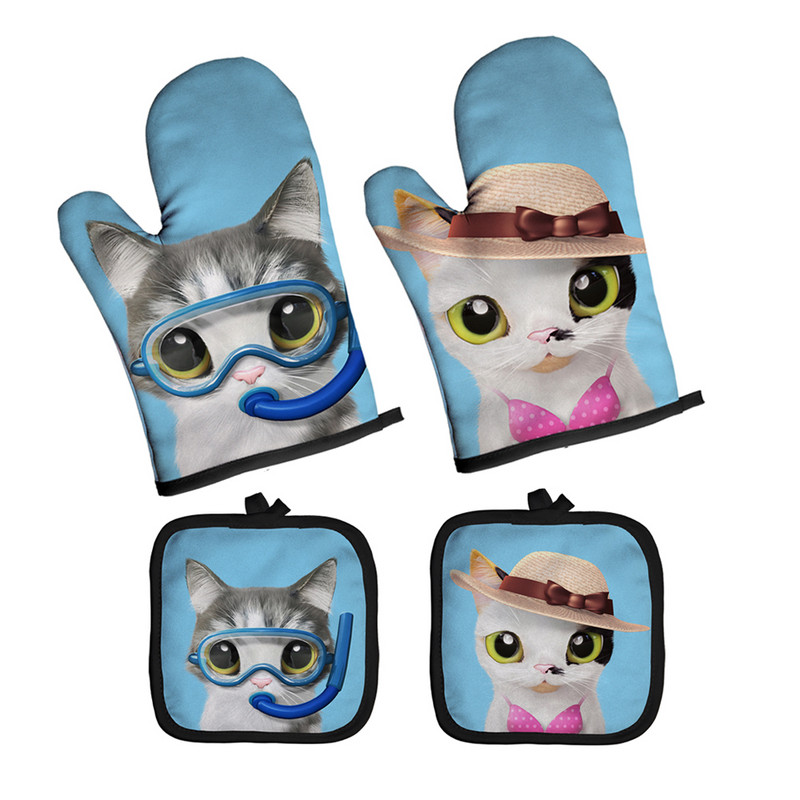 Ziemassvētku cepeškrāsns dūraiņi Poliestera cepeškrāsns piedurknes jauks kaķis virtuve mikroviļņu krāsns cimds katliņa turētājs Mājas cepšanas rīki sarkani izolācijas cimdi