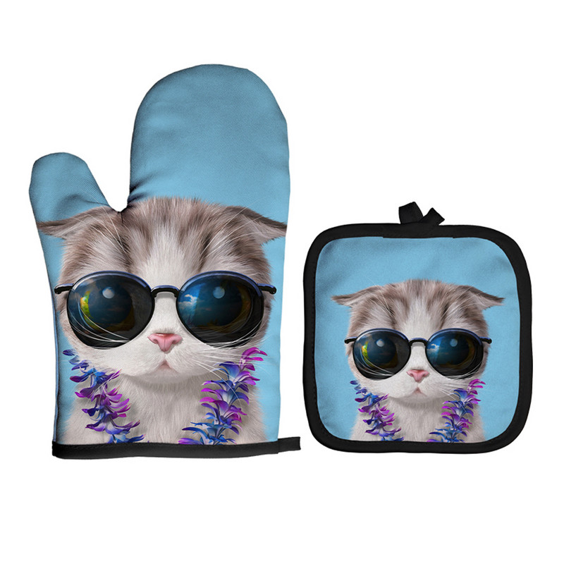 Ziemassvētku cepeškrāsns dūraiņi Poliestera cepeškrāsns piedurknes jauks kaķis virtuve mikroviļņu krāsns cimds katliņa turētājs Mājas cepšanas rīki sarkani izolācijas cimdi