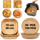 50/100 gab Gaisa cepeškrāsns cepešpapīrs bārbekjū šķīvīm, apaļš cepeškrāsns pannas paliktnis 16/20 cm AirFryer eļļas necaurlaidīgs vienreizējās lietošanas papīra ieliktnis