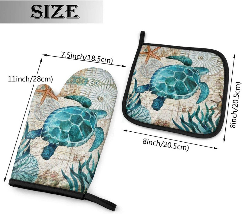 Jūras dzīvības tēma Jūras bruņurupuča karstumizturīgi karstās cepeškrāsns dūraiņi un katlu turētāji Cepeškrāsns cimdi BBQ gatavošanai Cepšanai Grilēšanai