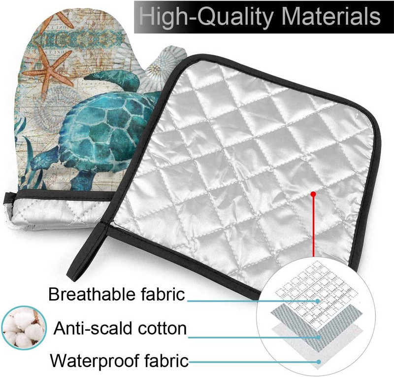 Jūras dzīvības tēma Jūras bruņurupuča karstumizturīgi karstās cepeškrāsns dūraiņi un katlu turētāji Cepeškrāsns cimdi BBQ gatavošanai Cepšanai Grilēšanai