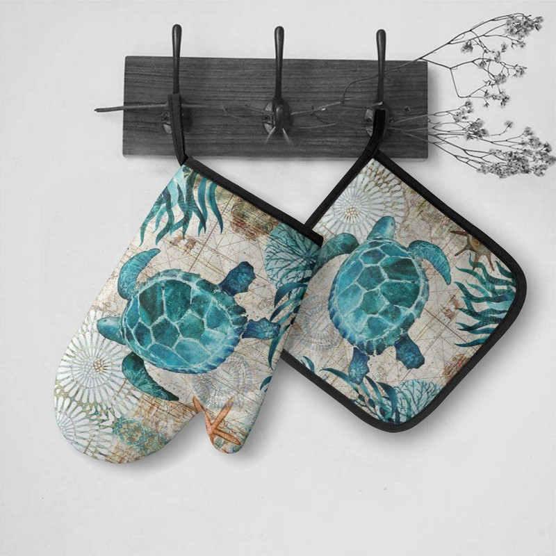 Jūras dzīvības tēma Jūras bruņurupuča karstumizturīgi karstās cepeškrāsns dūraiņi un katlu turētāji Cepeškrāsns cimdi BBQ gatavošanai Cepšanai Grilēšanai