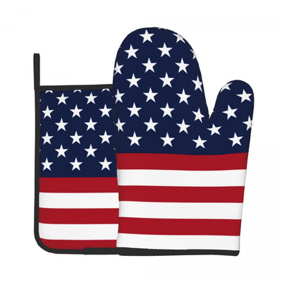 Amerikas karogs 2gab. Mitt Hot Pad Patriotic Flag Star Design Cepšana Ēdienu gatavošana Virtuves cimdi Gaisa frier karstumizturīgi cepeškrāsns dūraiņu komplekts