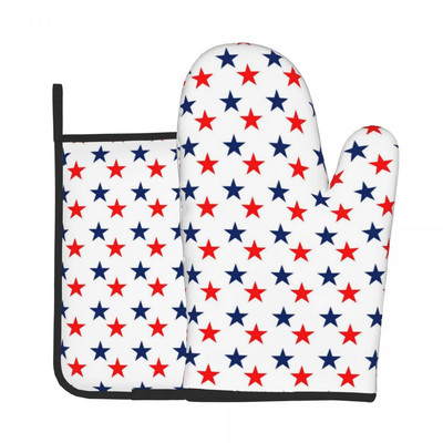 Amerikas karogs 2gab. Mitt Hot Pad Patriotic Flag Star Design Cepšana Ēdienu gatavošana Virtuves cimdi Gaisa frier karstumizturīgi cepeškrāsns dūraiņu komplekts