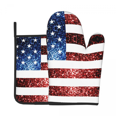 Amerikas karogs 2gab. Mitt Hot Pad Patriotic Flag Star Design Cepšana Ēdienu gatavošana Virtuves cimdi Gaisa frier karstumizturīgi cepeškrāsns dūraiņu komplekts