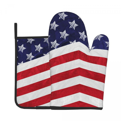Amerikas karogs 2gab. Mitt Hot Pad Patriotic Flag Star Design Cepšana Ēdienu gatavošana Virtuves cimdi Gaisa frier karstumizturīgi cepeškrāsns dūraiņu komplekts
