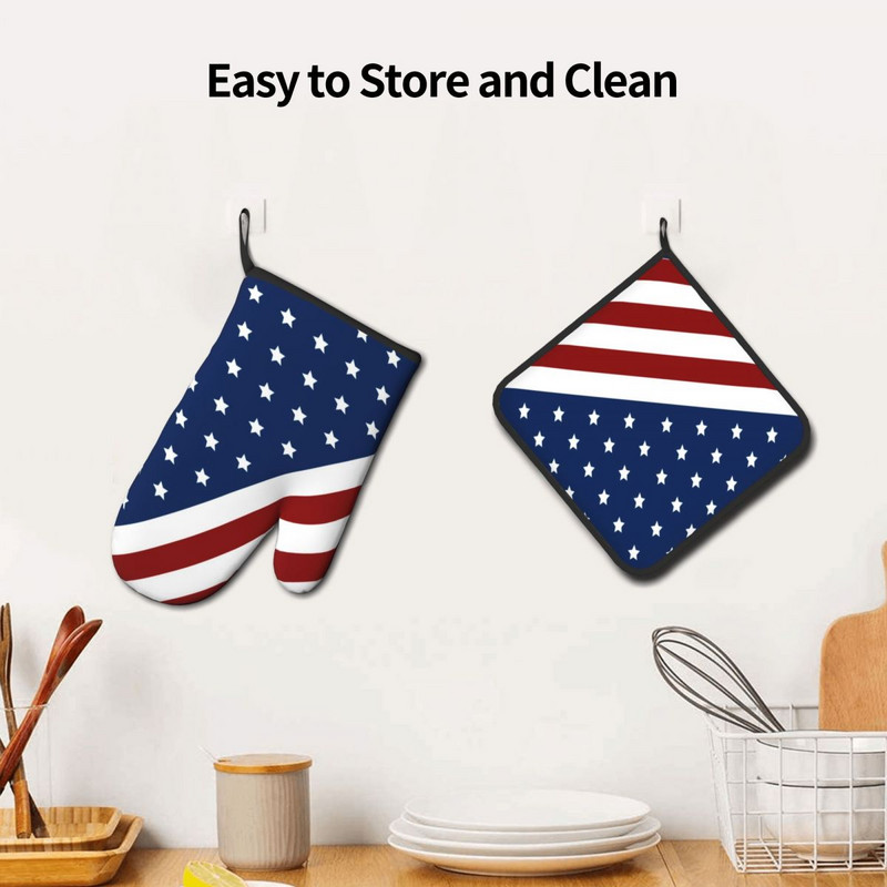 Amerikas karogs 2gab. Mitt Hot Pad Patriotic Flag Star Design Cepšana Ēdienu gatavošana Virtuves cimdi Gaisa frier karstumizturīgi cepeškrāsns dūraiņu komplekts