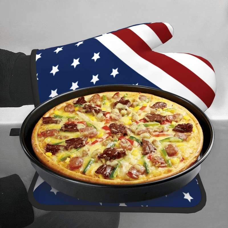 Amerikas karogs 2gab. Mitt Hot Pad Patriotic Flag Star Design Cepšana Ēdienu gatavošana Virtuves cimdi Gaisa frier karstumizturīgi cepeškrāsns dūraiņu komplekts