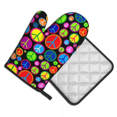 Taikos simboliai 2vnt Mitt Hot Pad Cool Spalvingas Groovy Hot Oven Oven Dubenėlis Virtuvės Pirštinės Grilis Anti Heat Orkaitės Puspirštinių rinkinys