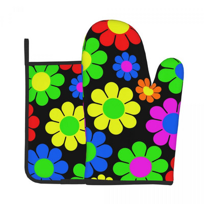 Miera simboli 2gab. Mitt Hot Pad Cool Krāsains Groovy Hot Oven Bowl Virtuves cimdi Barbekjū Anti Heat Cepeškrāsns dūraiņu komplekts