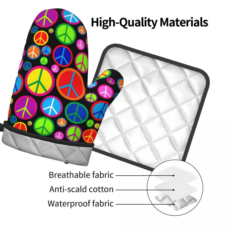 Miera simboli 2gab. Mitt Hot Pad Cool Krāsains Groovy Hot Oven Bowl Virtuves cimdi Barbekjū Anti Heat Cepeškrāsns dūraiņu komplekts